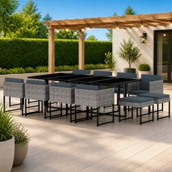 Garden Dining Set 13 Piece Outdoor Furniture Poly Rattan Grey with Cushions