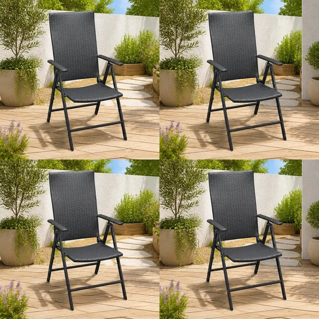 Garden Chairs 4 Piece Set Reclining Backrest 7 Positions PE Rattan Black