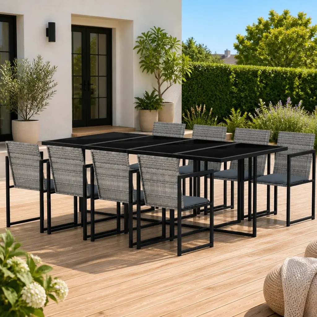 Outdoor Dining Set 9 Piece Grey Rattan Patio Garden Furniture with Cushions