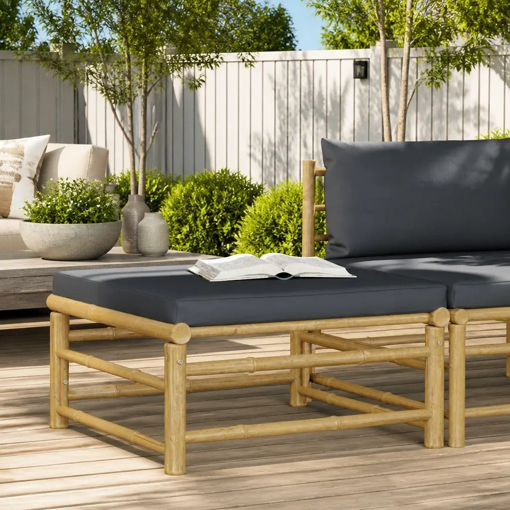 Garden Footrest Ottoman Outdoor Patio Lounging Seating with Grey Cushion Bamboo