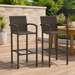 Outdoor Bar Stools 2 Pieces Brown Rattan Garden Seating with Footrest