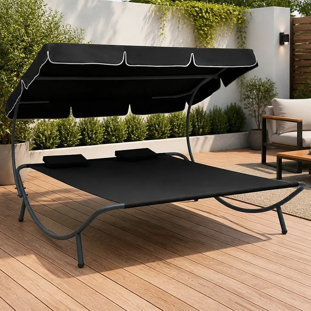 Outdoor Lounge Bed Double Canopy Sunbed Garden Patio Furniture with Pillows