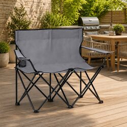2-Seater Foldable Camping Chair Grey Steel Frame Portable Outdoor Furniture