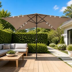 Garden Parasol with Solar LED Lights Steel Pole Outdoor Sunshade Taupe 2x3m