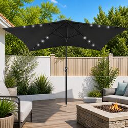Garden Parasol with Solar LED Lights Steel Pole Crank Tilt Patio Umbrella 2x3m