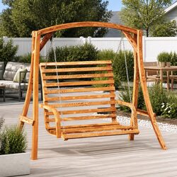 Wooden Swing Bench Outdoor Garden Porch Seating Relaxation Curved Armrest Brown