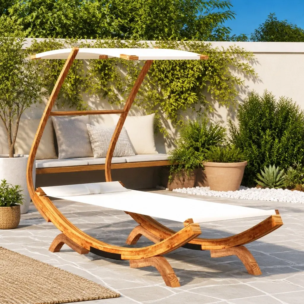 Outdoor Lounge Bed with Canopy Sunbed Garden Patio Relaxation Cream Bent Wood