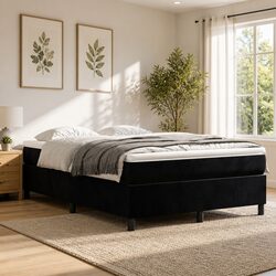 Queen Size Box Spring Bed with Pocket Mattress Black Velvet Bedroom Furniture
