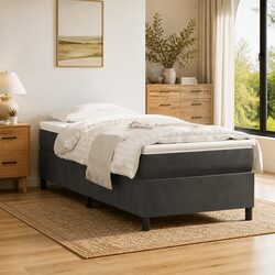 King Single Box Spring Bed with Pocket Mattress Grey Velvet Upholstered