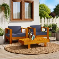 Garden Lounge Set 3 Piece Outdoor Patio Furniture Grey Cushions Wooden Sofa
