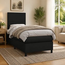 King Single Box Spring Bed with Pocket Mattress Black 106x203cm Faux Leather
