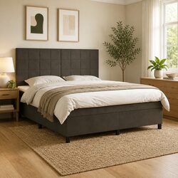 Queen Size Box Spring Bed with Pocket Spring Mattress Grey Velvet Headboard