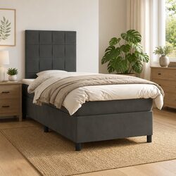 King Single Box Spring Bed with Pocket Spring Mattress Grey Velvet 106x203cm