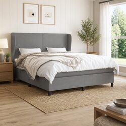 Queen Size Box Spring Bed with Pocket Spring Mattress Dark Grey Fabric Headboard