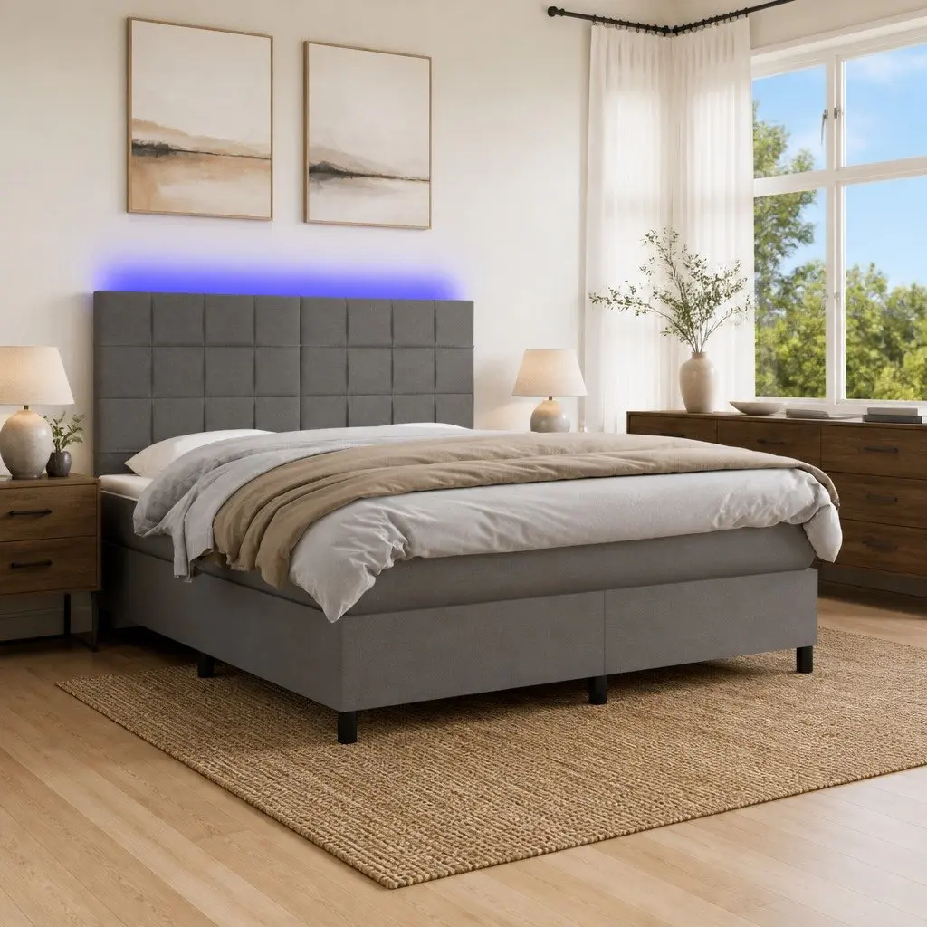 Box Spring Bed with Adjustable Headboard Pocket Spring Mattress Queen Size Grey Fabric