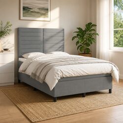 Box Spring Bed with Mattress and LED Lights Grey Double Size Fabric Headboard
