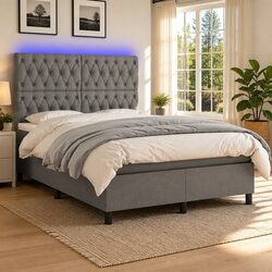 Box Spring Bed with Pocket Spring Mattress LED Headboard Grey Double 137x187cm