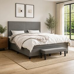 Queen Size Box Spring Bed with Pocket Spring Mattress Grey Fabric Headboard
