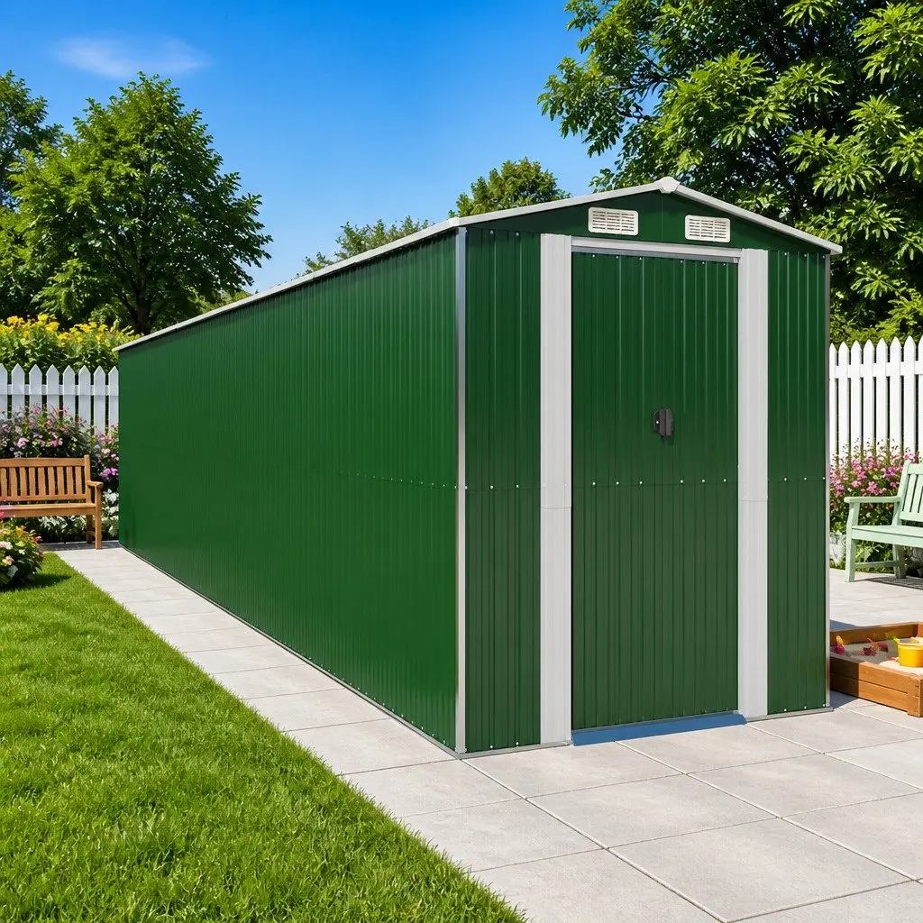 Garden Shed Green Durable Galvanised Steel Construction Double Sliding Doors Ventilation 192x938x223cm