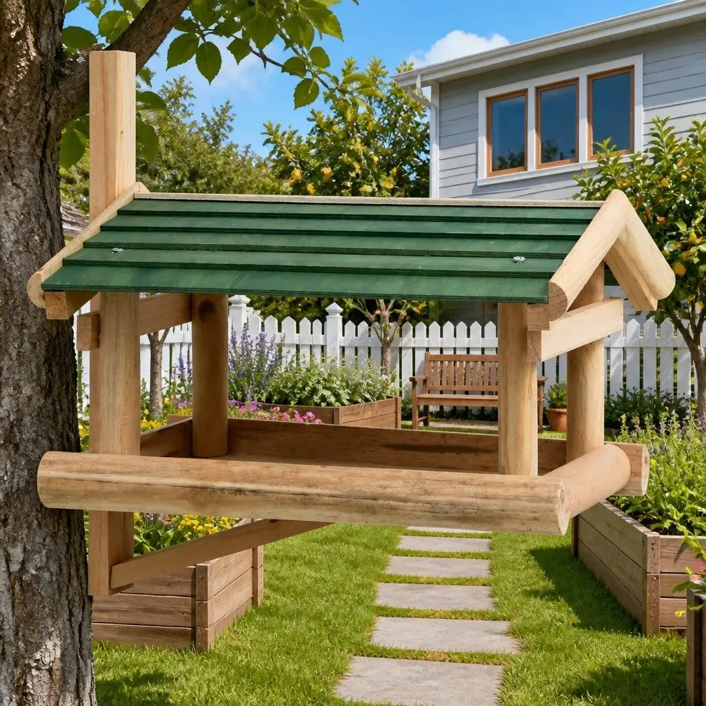 Bird Feeder Solid Wood Large Feeding Platform Wall Tree Mount Brown
