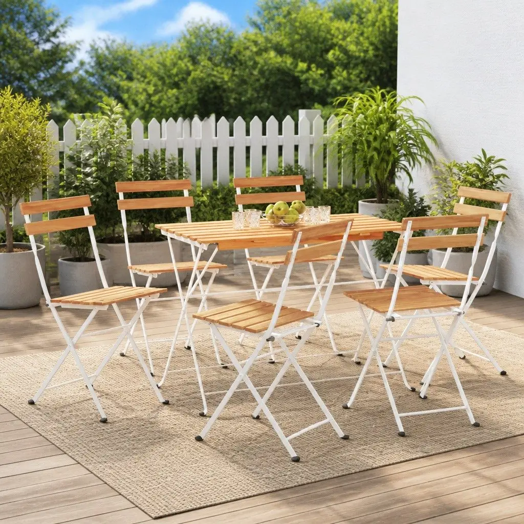 Folding Bistro Chairs Set 6 Pieces Solid Acacia Wood Steel Frame Brown