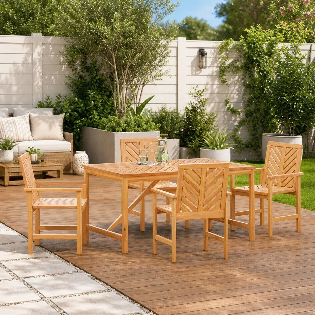 Garden Dining Set 5 Piece Solid Acacia Wood Outdoor Furniture Brown Modern Rectangular Table Chairs