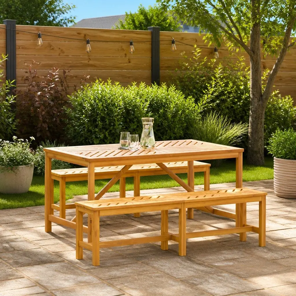 Garden Dining Set 3 Piece Outdoor Table Chairs Brown Solid Acacia Wood Patio