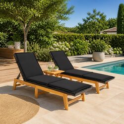 3 Piece Garden Lounge Sun Lounger Set Black Poly Rattan Acacia Wood Outdoor