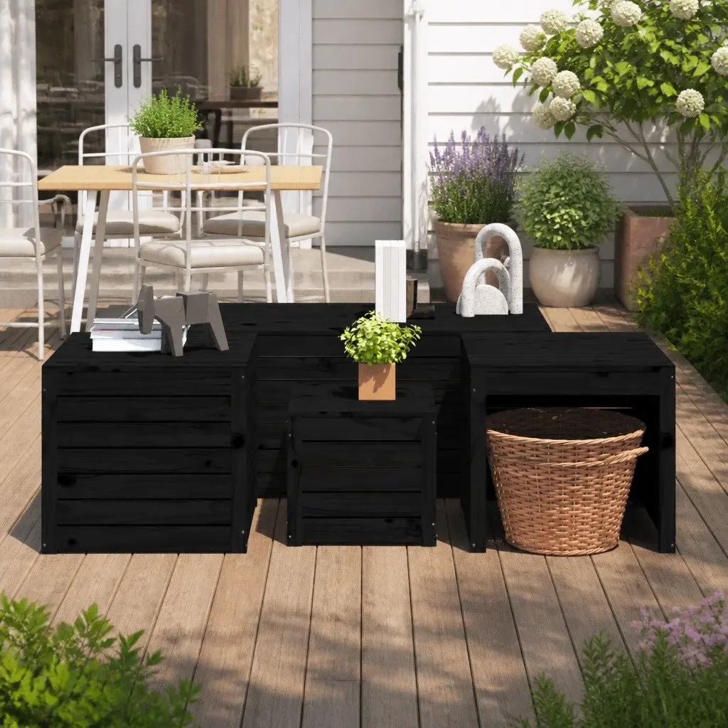 4 Piece Outdoor Garden Storage Box Set Black Solid Wood Pine Patio Furniture