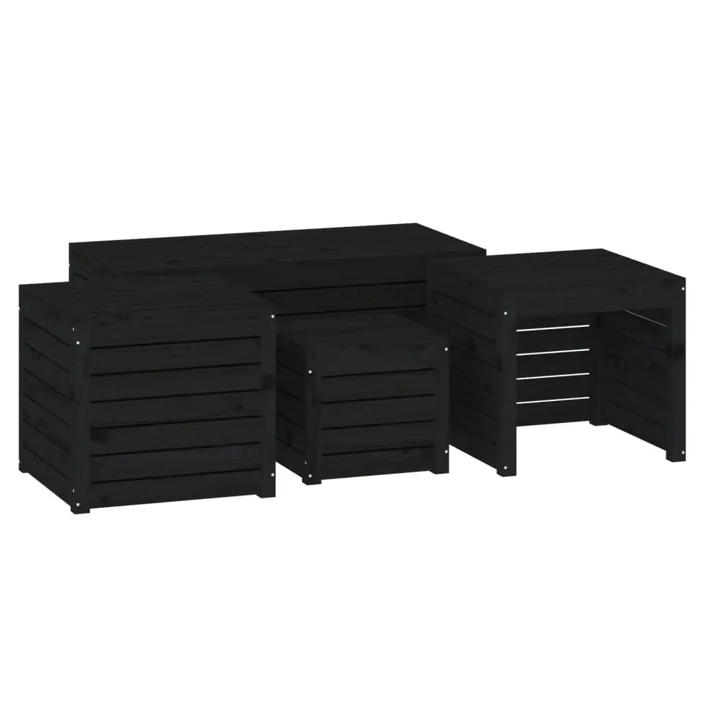 4 Piece Outdoor Garden Storage Box Set Black Solid Wood Pine Patio Furniture