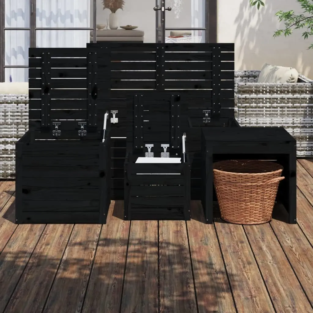 4 Piece Outdoor Garden Storage Box Set Black Solid Wood Pine Patio Furniture