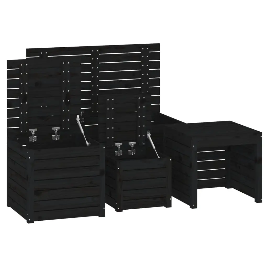 4 Piece Outdoor Garden Storage Box Set Black Solid Wood Pine Patio Furniture