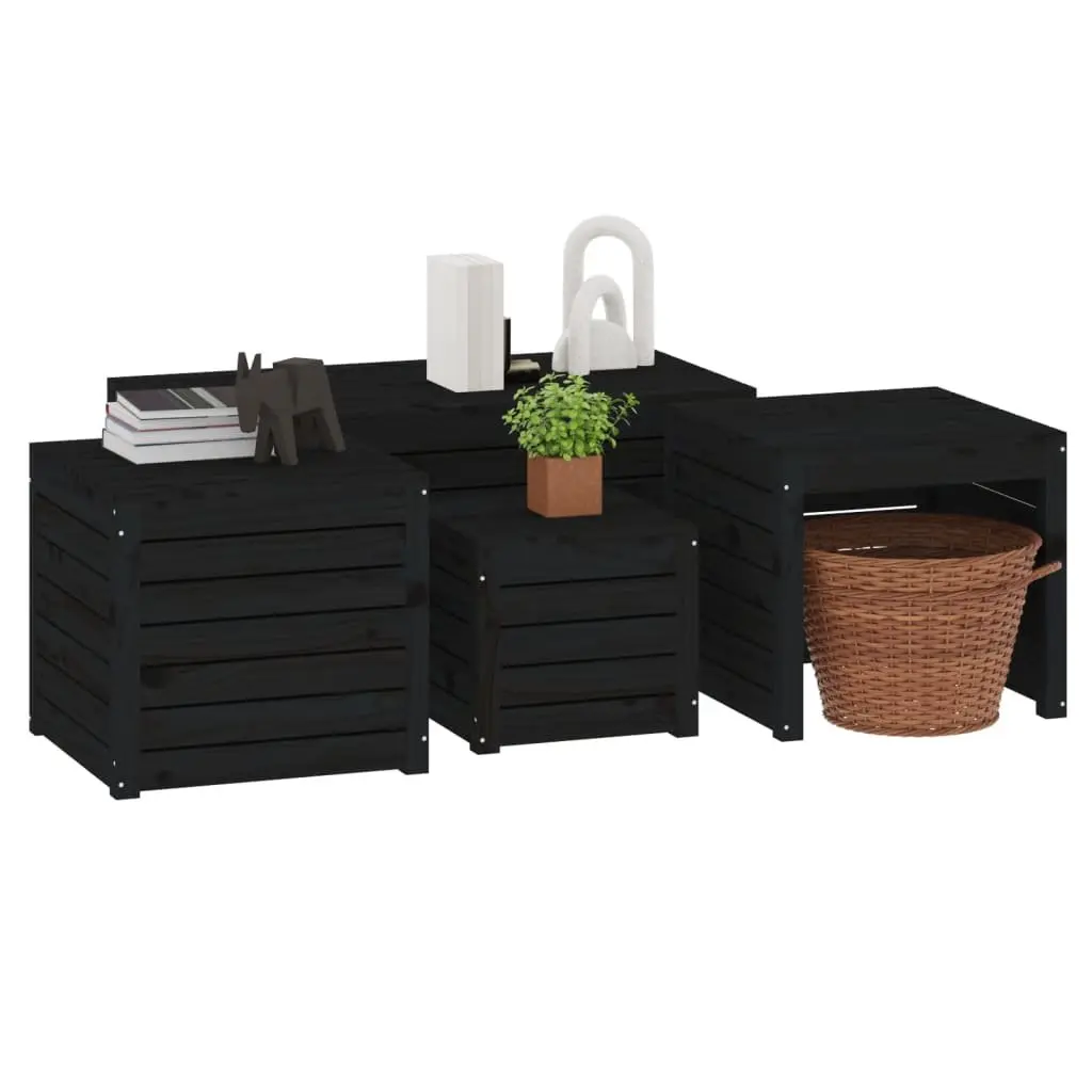 4 Piece Outdoor Garden Storage Box Set Black Solid Wood Pine Patio Furniture
