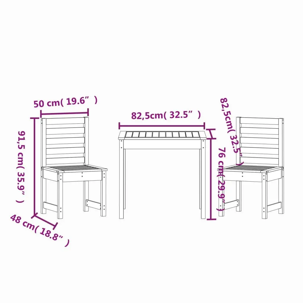 Garden Bistro Set 3 Piece White Solid Pine Wood Table Chairs Outdoor Patio