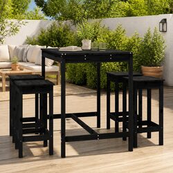 5 Piece Garden Bar Set Black Solid Pine Wood Outdoor Patio Furniture Stools