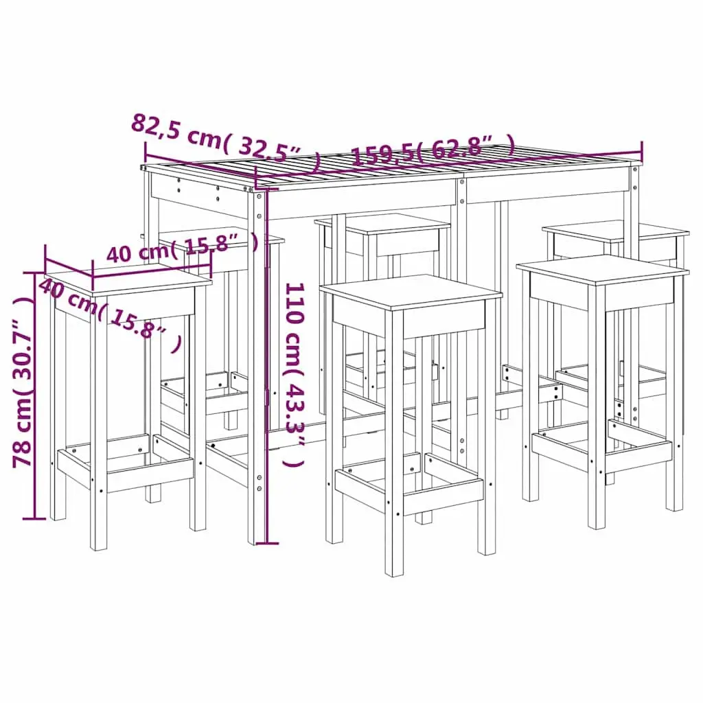 Garden Bar Set 7 Piece Outdoor Furniture Solid Wood Pine Brown Patio Stools