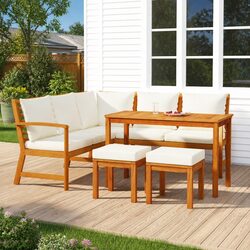 Outdoor Garden Dining Set 6 Piece Solid Wood Acacia Brown with Cushions Patio
