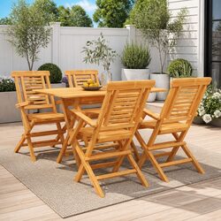 5 Piece Garden Dining Set Outdoor Furniture Teak Wood Table Chairs Foldable