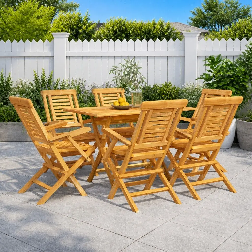 7 Piece Garden Dining Set Solid Teak Wood Foldable Outdoor Furniture Table Chairs Brown