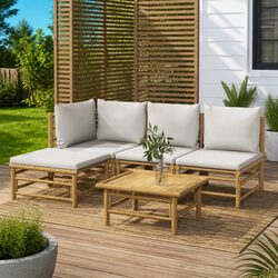 5 Piece Bamboo Garden Lounge Set Outdoor Furniture with Light Grey Cushions