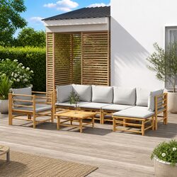 7 Piece Bamboo Garden Lounge Set Outdoor Furniture with Light Grey Cushions