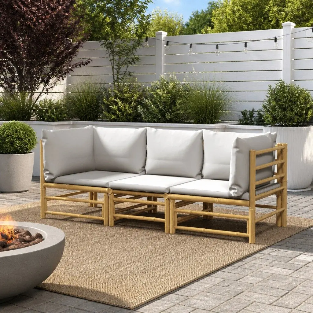 3 Piece Garden Lounge Set Bamboo Outdoor Furniture Light Grey Cushions