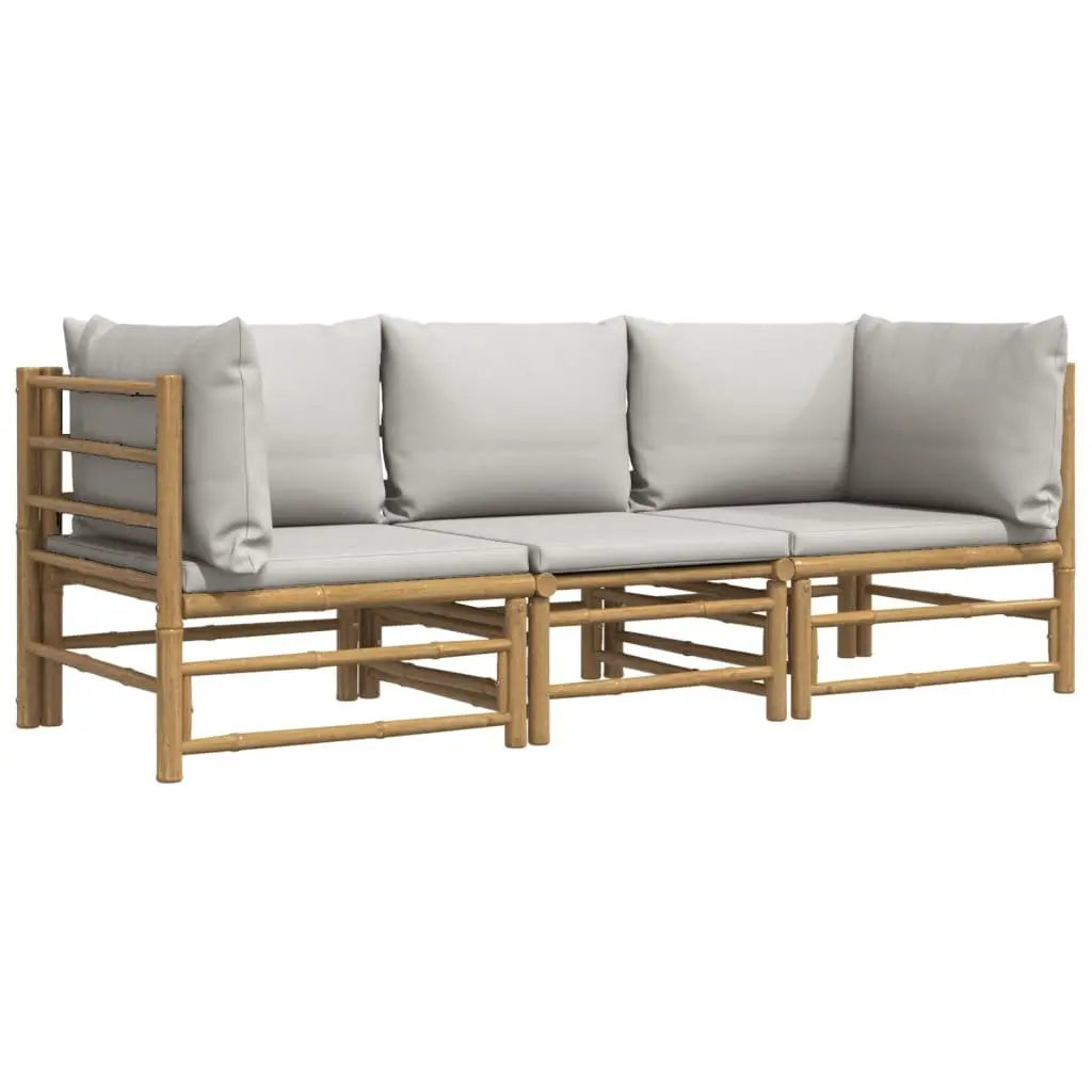 3 Piece Garden Lounge Set Bamboo Outdoor Furniture Light Grey Cushions