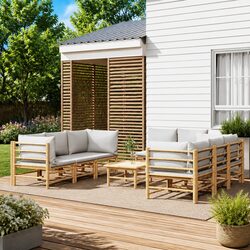 Bamboo Garden Lounge Set 9 Piece Outdoor Furniture with Light Grey Cushions