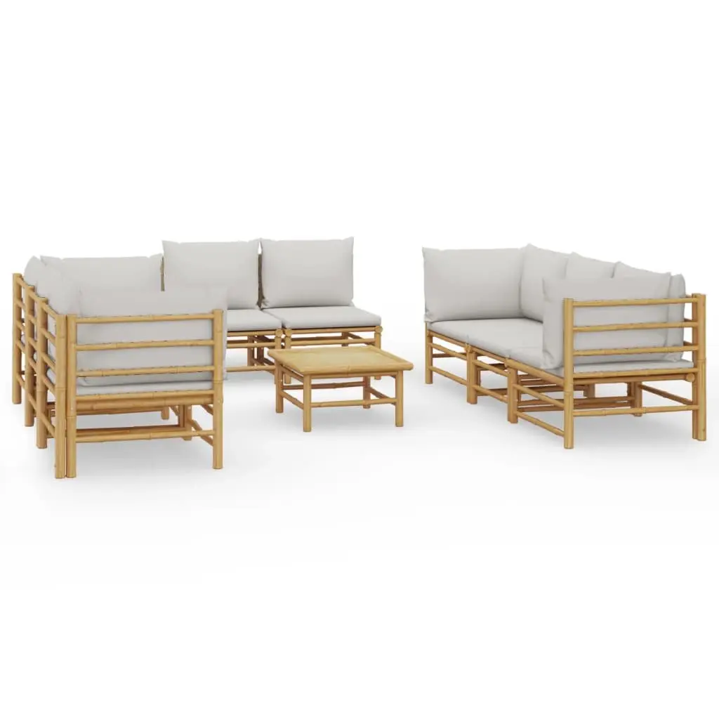 Bamboo Garden Lounge Set Modular Outdoor Furniture 9 Piece Light Grey Cushions