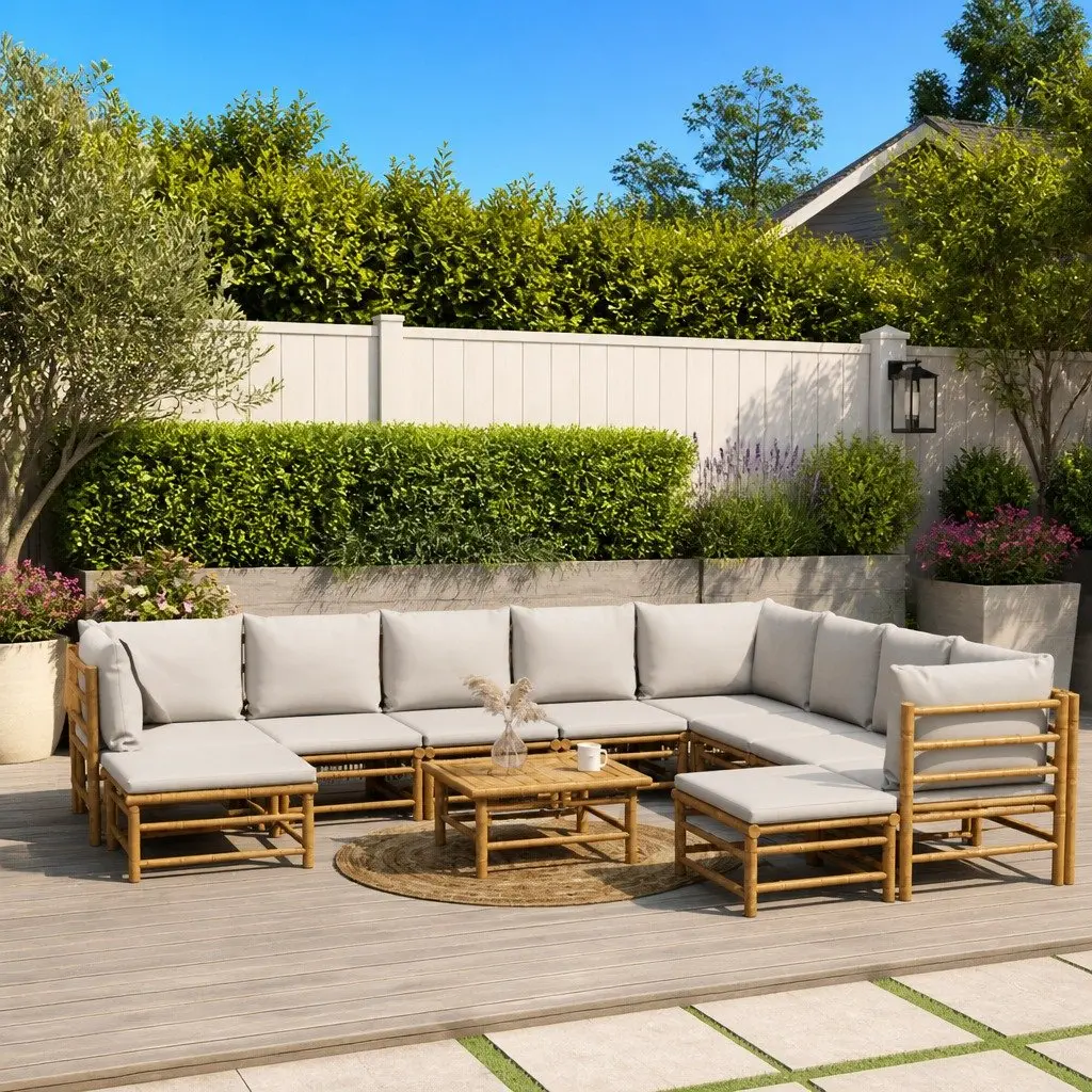 Garden Lounge Set Bamboo Outdoor Furniture 11 Piece Brown with Cushions