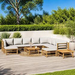 Bamboo Garden Lounge Set 12 Piece Outdoor Furniture with Grey Cushions Modular