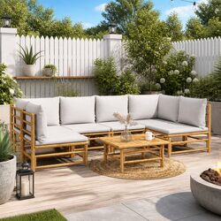7 Piece Bamboo Garden Lounge Set Outdoor Furniture with Light Grey Cushions
