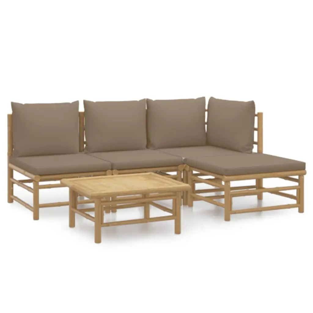 5 Piece Bamboo Garden Lounge Set Outdoor Furniture with Taupe Cushions Sofa