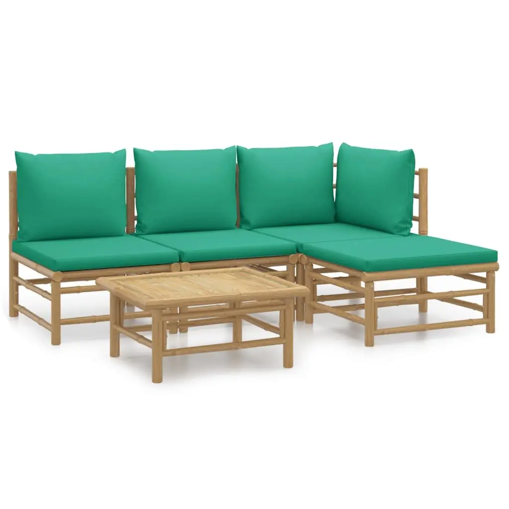 5 Piece Bamboo Garden Lounge Set Outdoor Furniture with Green Cushions Brown